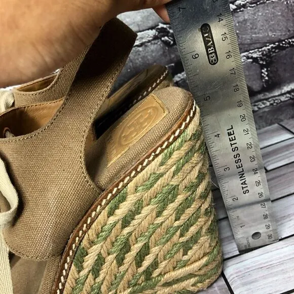 Tory Burch Brown Canvas Textile Green Tan Espadrilles Wedge Women Sz 10M US/41EU