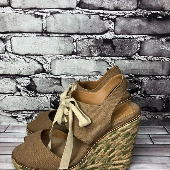 Tory Burch Brown Canvas Textile Green Tan Espadrilles Wedge Women Sz 10M US/41EU