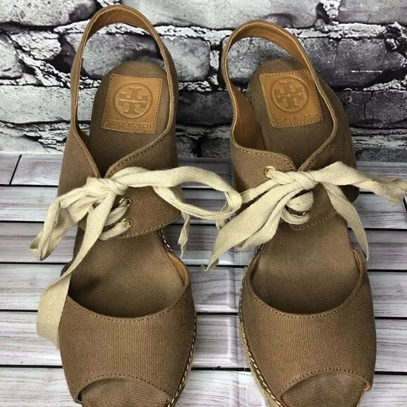 Tory Burch Brown Canvas Textile Green Tan Espadrilles Wedge Women Sz 10M US/41EU