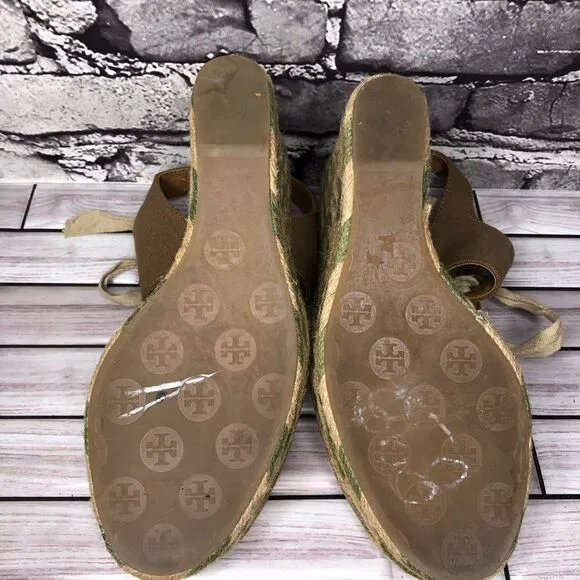 Tory Burch Brown Canvas Textile Green Tan Espadrilles Wedge Women Sz 10M US/41EU