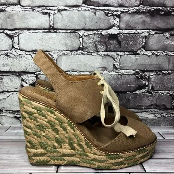 Tory Burch Brown Canvas Textile Green Tan Espadrilles Wedge Women Sz 10M US/41EU