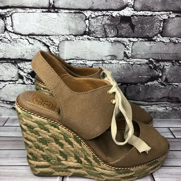 Tory Burch Brown Canvas Textile Green Tan Espadrilles Wedge Women Sz 10M US/41EU