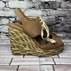 Tory Burch Brown Canvas Textile Green Tan Espadrilles Wedge Women Sz 10M US/41EU