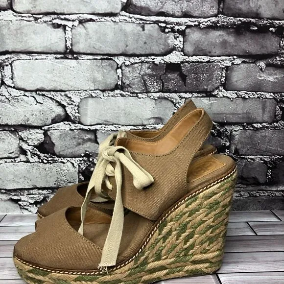 Tory Burch Brown Canvas Textile Green Tan Espadrilles Wedge Women Sz 10M US/41EU