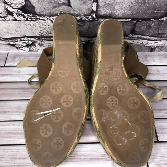 Tory Burch Brown Canvas Textile Green Tan Espadrilles Wedge Women Sz 10M US/41EU