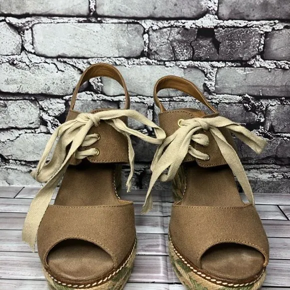 Tory Burch Brown Canvas Textile Green Tan Espadrilles Wedge Women Sz 10M US/41EU