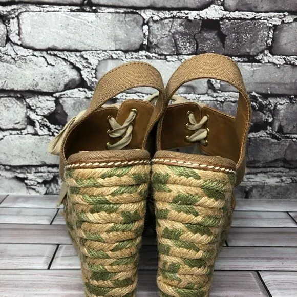 Tory Burch Brown Canvas Textile Green Tan Espadrilles Wedge Women Sz 10M US/41EU