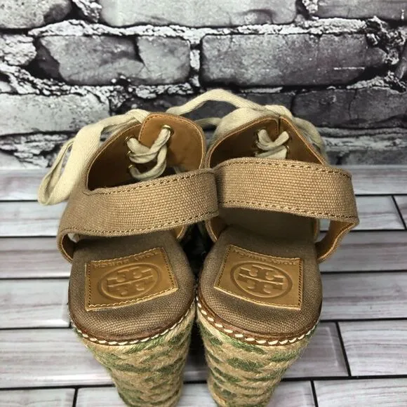 Tory Burch Brown Canvas Textile Green Tan Espadrilles Wedge Women Sz 10M US/41EU