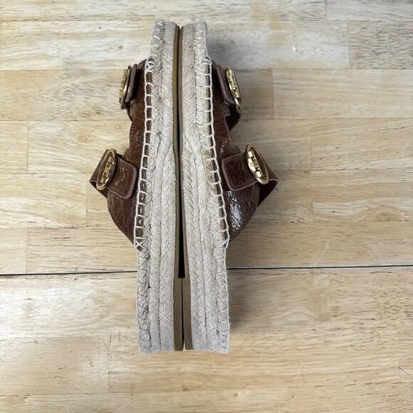 Tory Burch Brown Leather Selby Two-Band Buckle Espadrille Slides Sandals 9 EUC