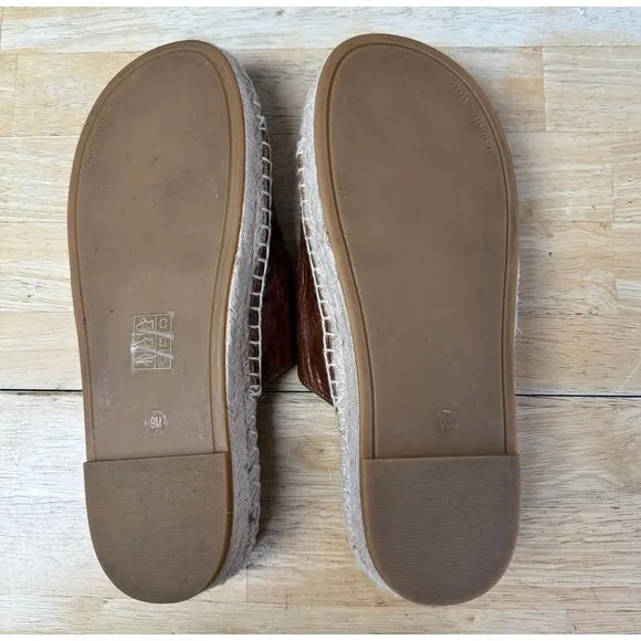 Tory Burch Brown Leather Selby Two-Band Buckle Espadrille Slides Sandals 9 EUC