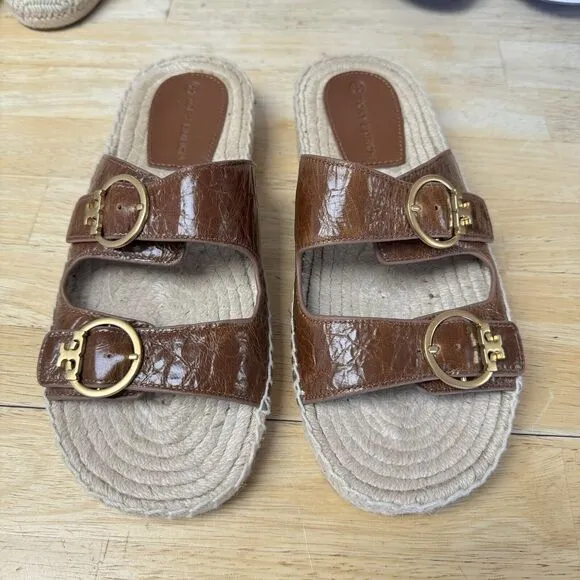 Tory Burch Brown Leather Selby Two-Band Buckle Espadrille Slides Sandals 9 EUC