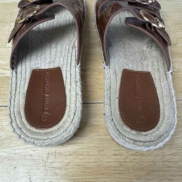 Tory Burch Brown Leather Selby Two-Band Buckle Espadrille Slides Sandals 9 EUC