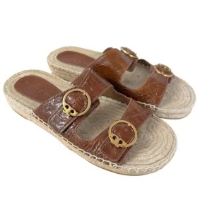 Tory Burch Brown Leather Selby Two-Band Buckle Espadrille Slides Sandals 9 EUC