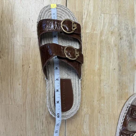Tory Burch Brown Leather Selby Two-Band Buckle Espadrille Slides Sandals 9 EUC