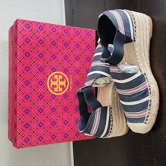 Tory Burch Catalina 3 50mm Espadrille Striped Canvas/Elastic Size 8