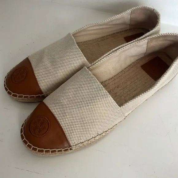 Tory Burch Color Block Canvas/Leather Espadrille Cream/Brown NWOT Size 9.5