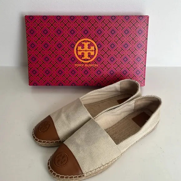 Tory Burch Color Block Canvas/Leather Espadrille Cream/Brown NWOT Size 9.5