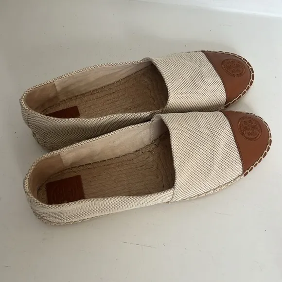 Tory Burch Color Block Canvas/Leather Espadrille Cream/Brown NWOT Size 9.5
