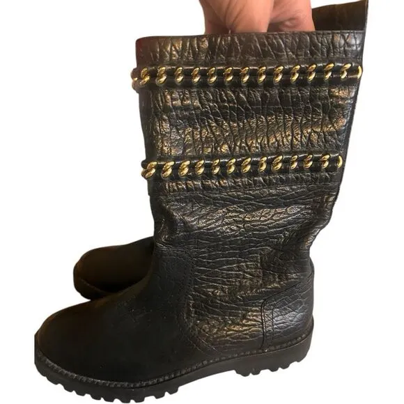 Tory Burch Connell Boots Sz 6M Pebbled Leather Mid-Calf Biker Moto Grunge Black