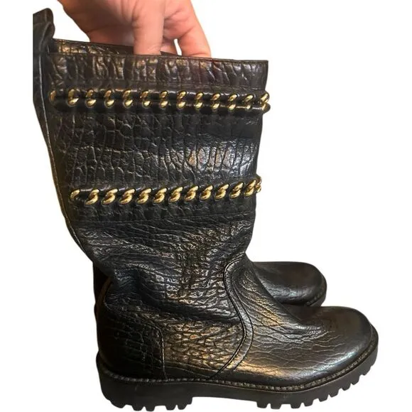 Tory Burch Connell Boots Sz 6M Pebbled Leather Mid-Calf Biker Moto Grunge Black