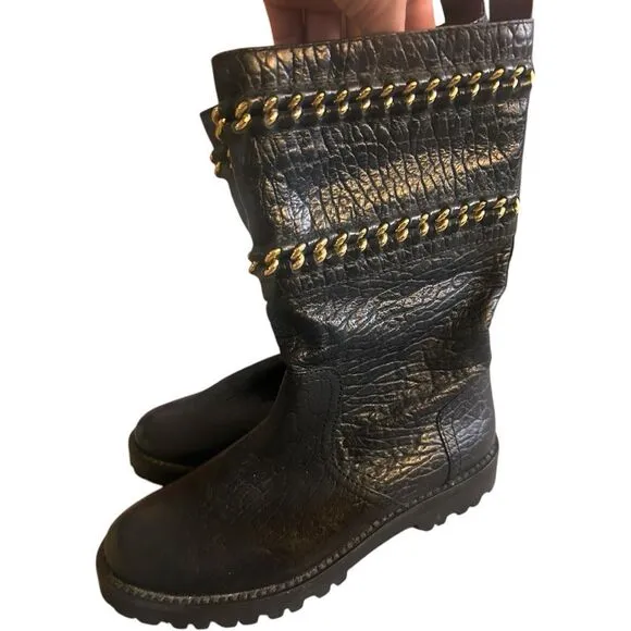 Tory Burch Connell Boots Sz 6M Pebbled Leather Mid-Calf Biker Moto Grunge Black