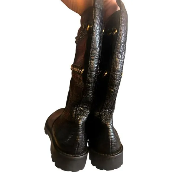 Tory Burch Connell Boots Sz 6M Pebbled Leather Mid-Calf Biker Moto Grunge Black