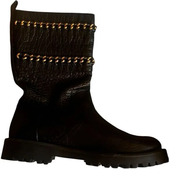 Tory Burch Connell Boots Sz 6M Pebbled Leather Mid-Calf Biker Moto Grunge Black