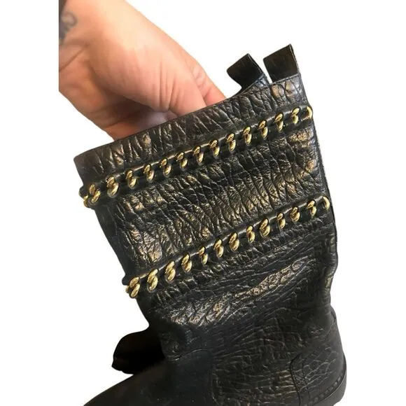 Tory Burch Connell Boots Sz 6M Pebbled Leather Mid-Calf Biker Moto Grunge Black