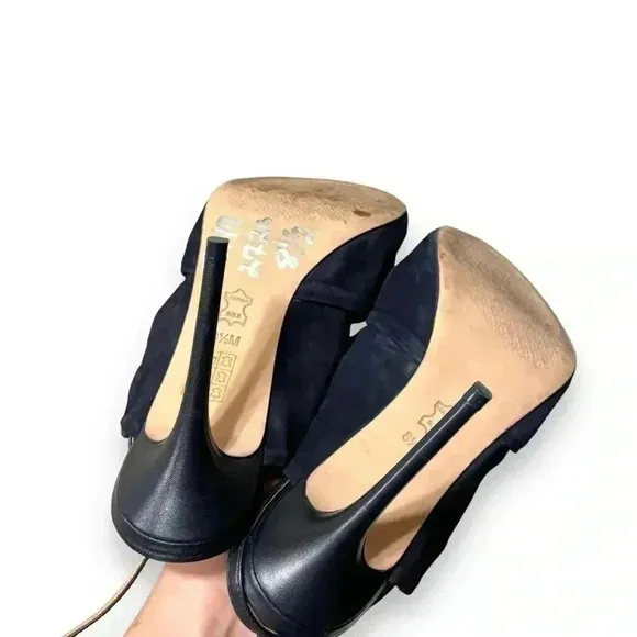 Tory Burch Eleanor 105mm Suede Bow Knot Heeled Sandals in Navy Blue Size 8.5