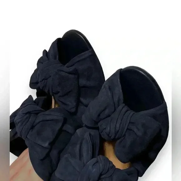 Tory Burch Eleanor 105mm Suede Bow Knot Heeled Sandals in Navy Blue Size 8.5