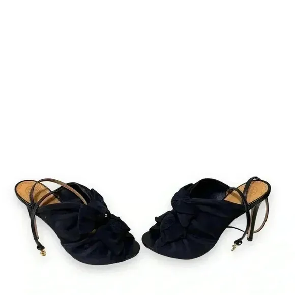 Tory Burch Eleanor 105mm Suede Bow Knot Heeled Sandals in Navy Blue Size 8.5