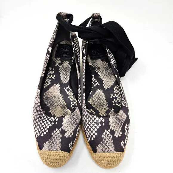 Tory Burch Espadrille Platform Wedge Heather Snake Print Satin Ankle Wrap 7.5
