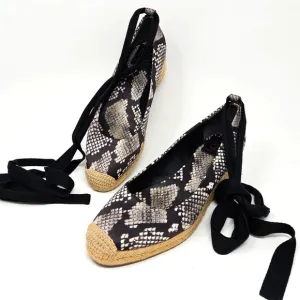 Tory Burch Espadrille Platform Wedge Heather Snake Print Satin Ankle Wrap 7.5