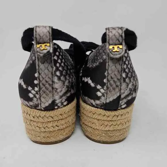 Tory Burch Espadrille Platform Wedge Heather Snake Print Satin Ankle Wrap 7.5