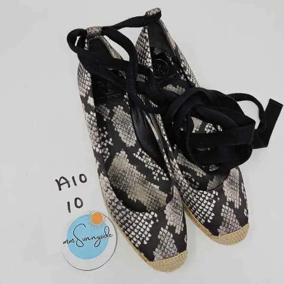 Tory Burch Espadrille Platform Wedge Heather Snake Print Satin Ankle Wrap 7.5