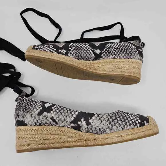 Tory Burch Espadrille Platform Wedge Heather Snake Print Satin Ankle Wrap 7.5