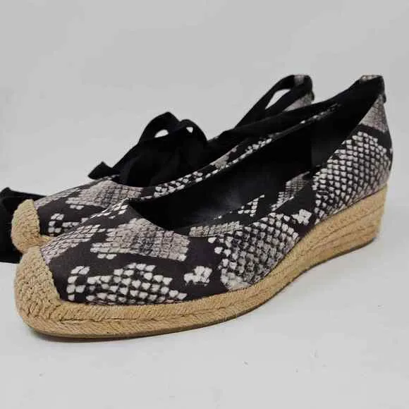 Tory Burch Espadrille Platform Wedge Heather Snake Print Satin Ankle Wrap 7.5