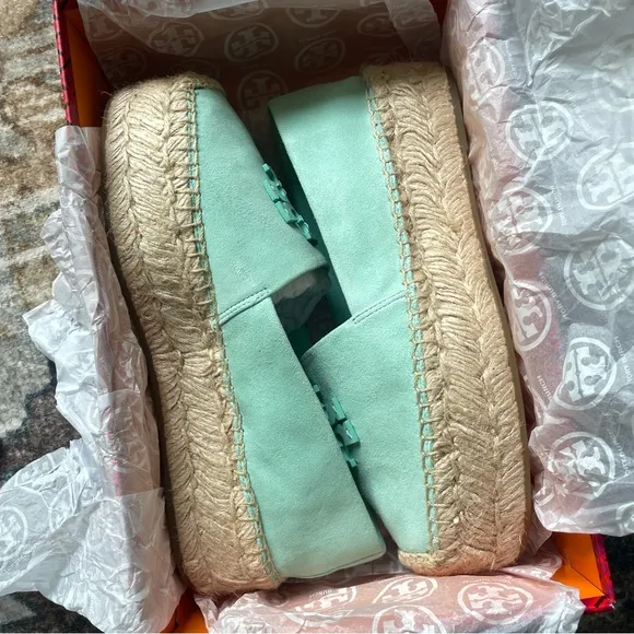 Tory Burch Everly Platform Soft Aqua Royal Suede Espadrilles