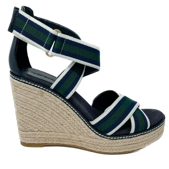 Tory Burch Frieda Green Navy White Stripe Canvas Leather Espadrilles size 9.5