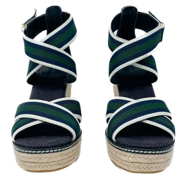 Tory Burch Frieda Green Navy White Stripe Canvas Leather Espadrilles size 9.5