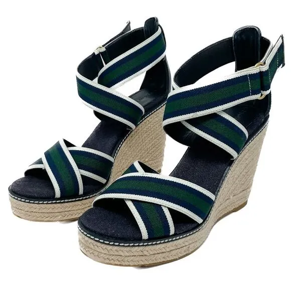 Tory Burch Frieda Green Navy White Stripe Canvas Leather Espadrilles size 9.5