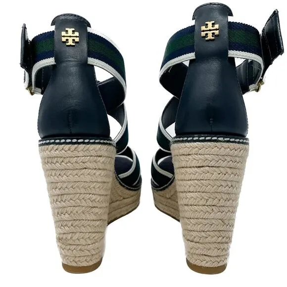 Tory Burch Frieda Green Navy White Stripe Canvas Leather Espadrilles size 9.5