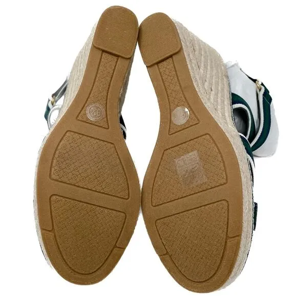 Tory Burch Frieda Green Navy White Stripe Canvas Leather Espadrilles size 9.5