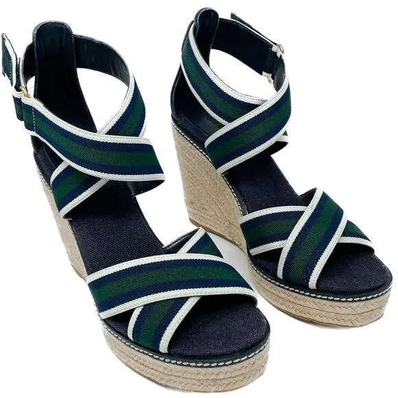 Tory Burch Frieda Green Navy White Stripe Canvas Leather Espadrilles size 9.5