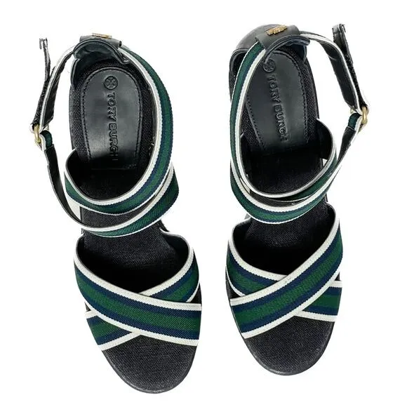 Tory Burch Frieda Green Navy White Stripe Canvas Leather Espadrilles size 9.5