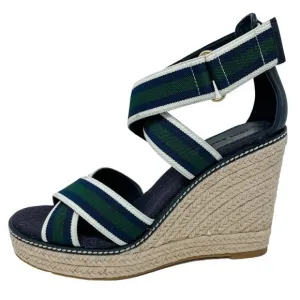 Tory Burch Frieda Green Navy White Stripe Canvas Leather Espadrilles size 9.5