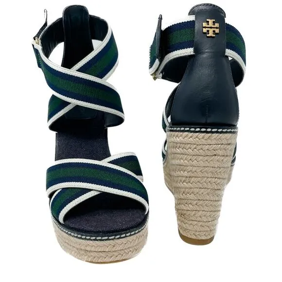 Tory Burch Frieda Green Navy White Stripe Canvas Leather Espadrilles size 9.5