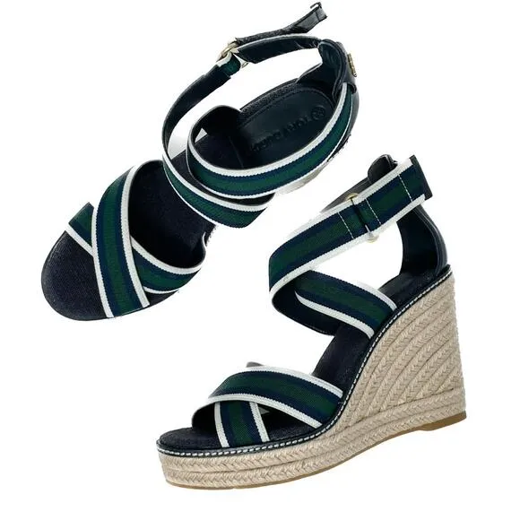 Tory Burch Frieda Green Navy White Stripe Canvas Leather Espadrilles size 9.5