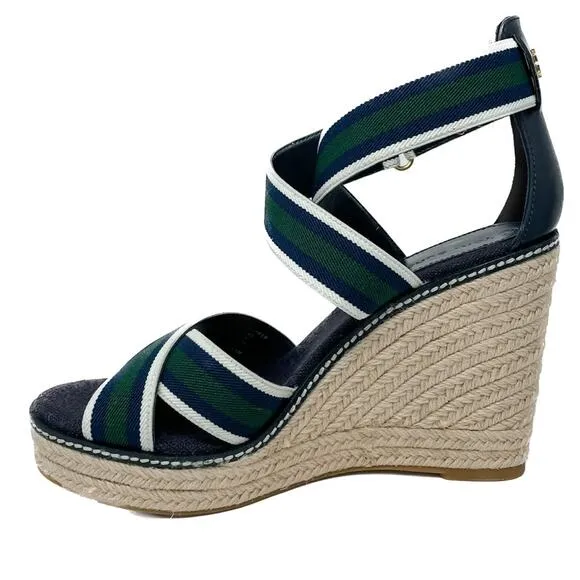 Tory Burch Frieda Green Navy White Stripe Canvas Leather Espadrilles size 9.5