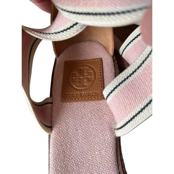 Tory Burch Frieda US SZ 9.5 Stripe Pink Platform Espadrille Wedge Sandals‎